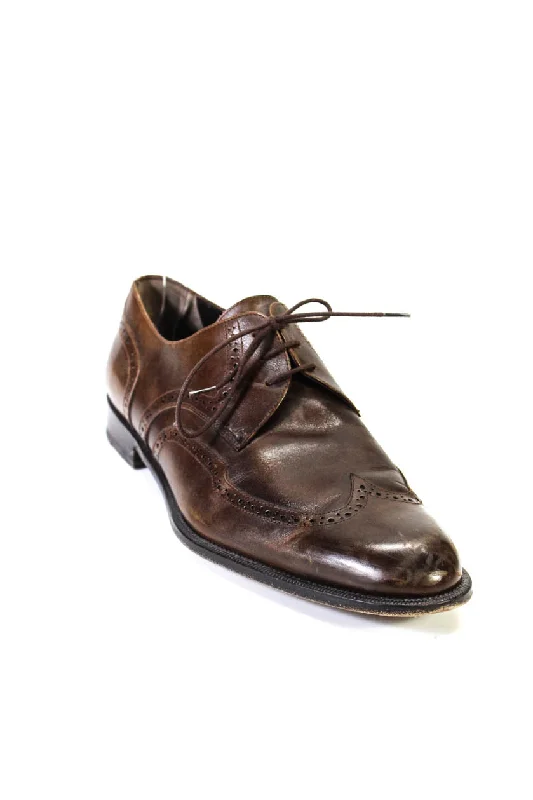 Bruno Magli Mens Almond Toe Wing Tip Derby Dress Shoes Brown