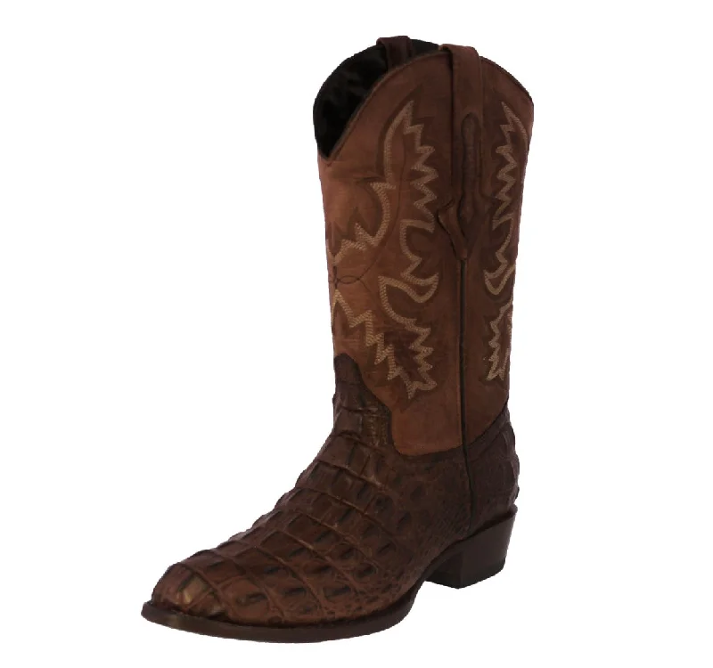 Mens Brown Leather Cowboy Boots Alligator Back Print - Round Toe