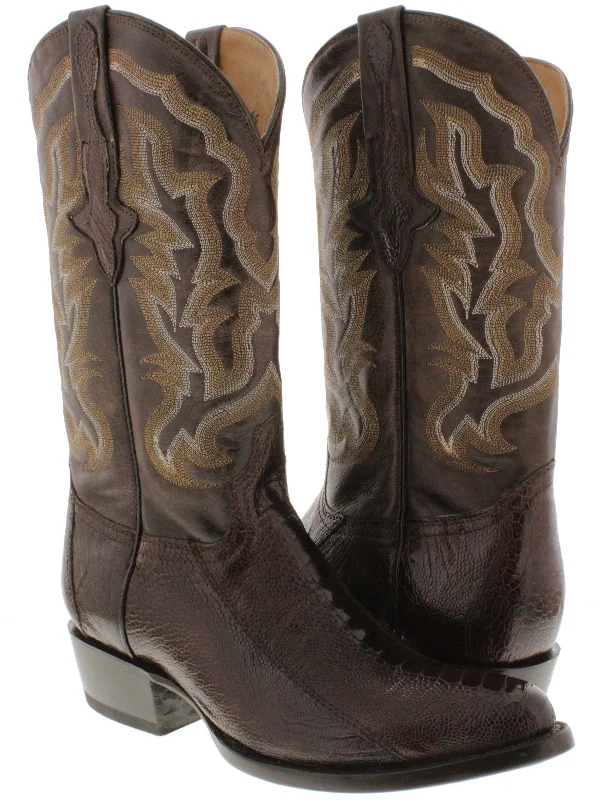 Men's Brown Genuine Ostrich Foot Exotic Skin Cowboy Boots - Round Toe