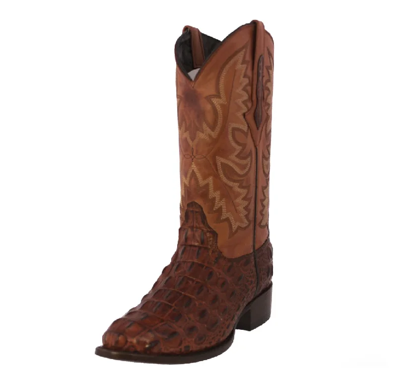 Mens Cognac Leather Cowboy Boots Alligator Back Print - Round Toe