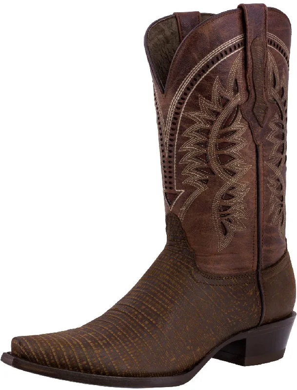 Mens Cognac Teju Lizard Print Leather Cowboy Boots Snip Toe