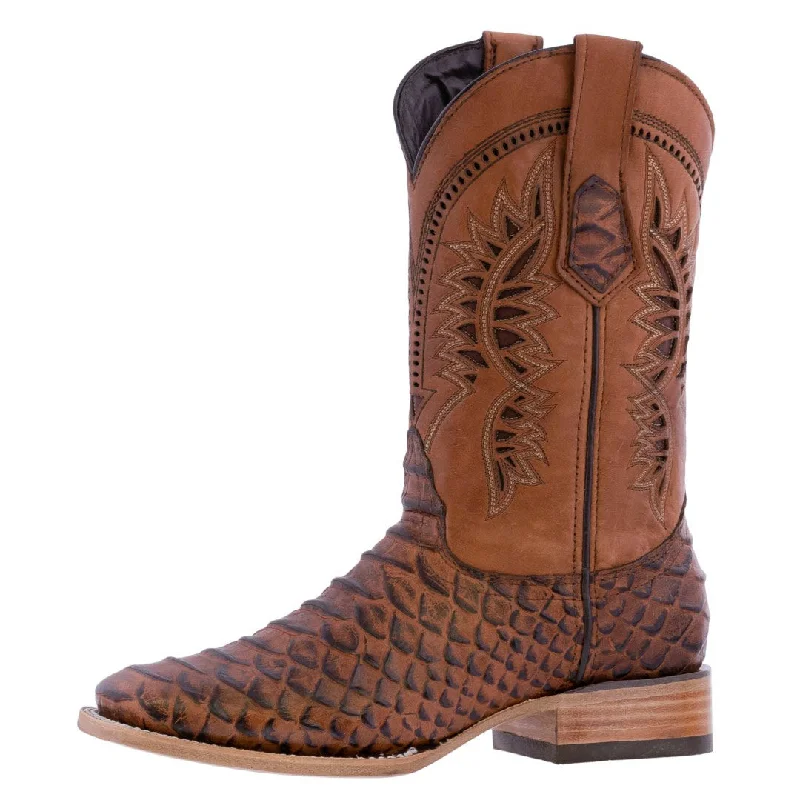 Mens Cognac Western Wear Leather Cowboy Boots Snake Print Square Toe