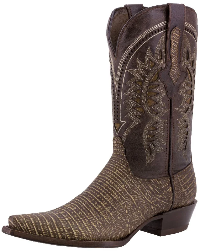 Mens Rustic Sand Teju Lizard Print Leather Cowboy Boots Snip Toe